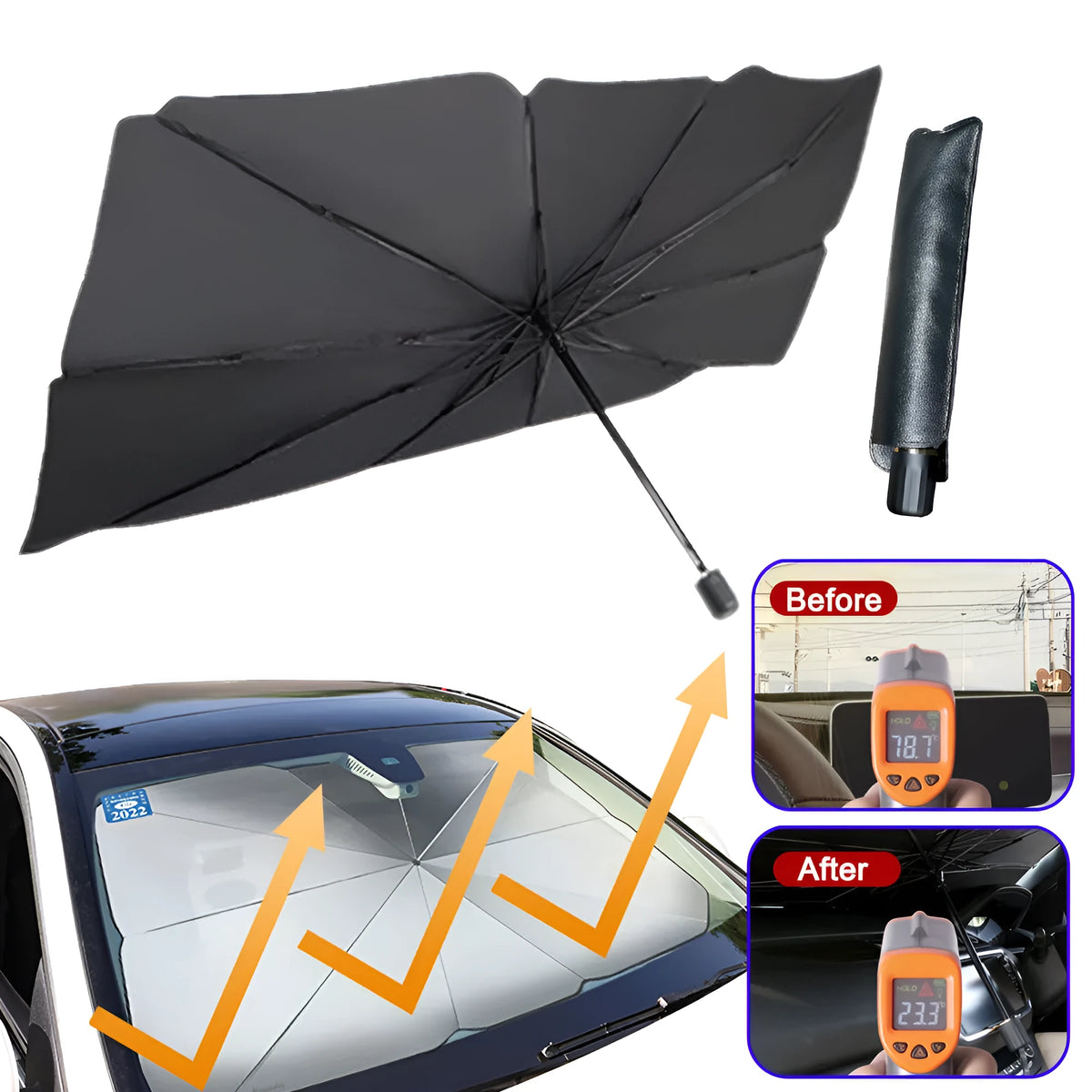 Foldable car sun shade umbrella made from silver tape with UV protection and heat insulation, placed on a car windshield
