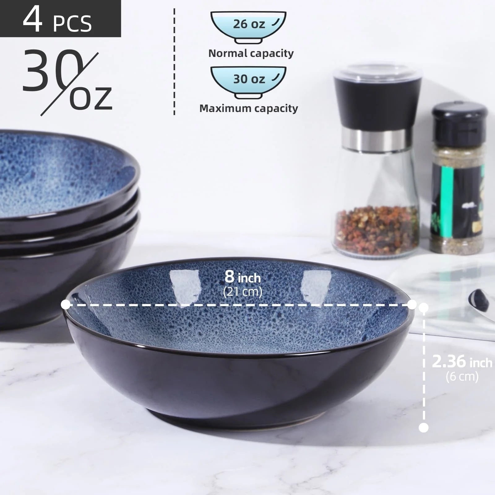 Peacock blue ceramic bowl set, 30oz capacity, dishwasher and oven safe