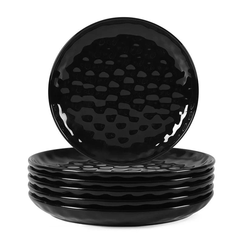 11-inch black noble ceramic plate set with hammered finish, 6-piece