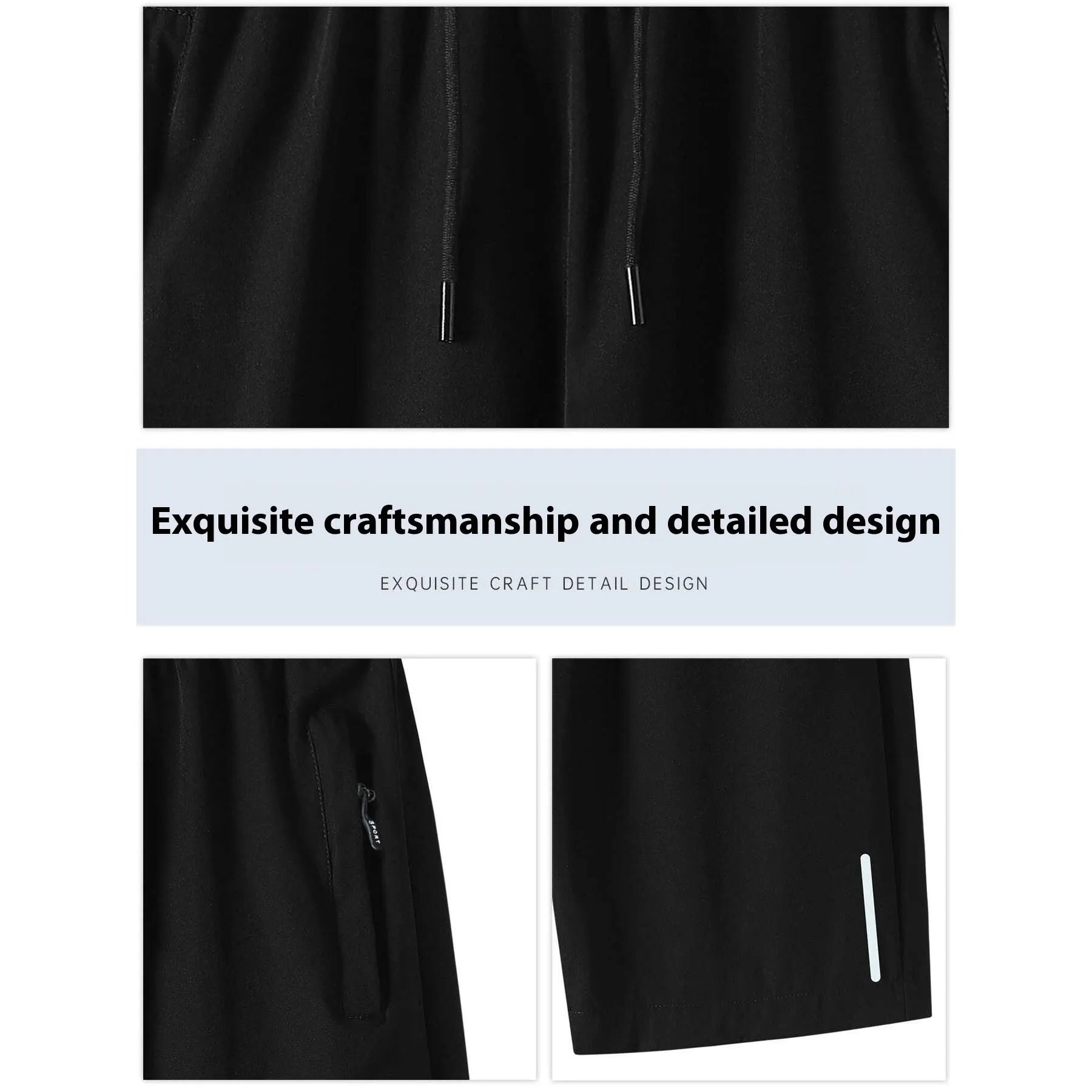 Men's quick-dry ice silk polyester running shorts, lightweight straight-leg fitness shorts in black, dark blue, and light gray