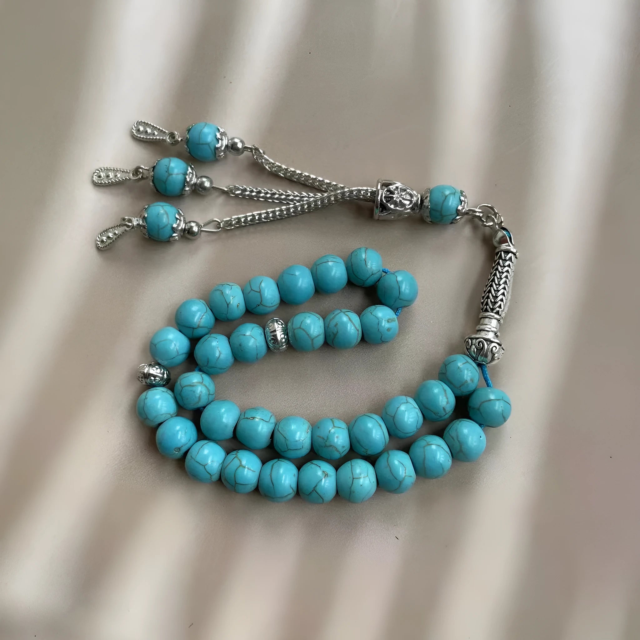 Sky blue handmade Muslim prayer bracelet with 8mm stone beads for daily worship and dhikr counting