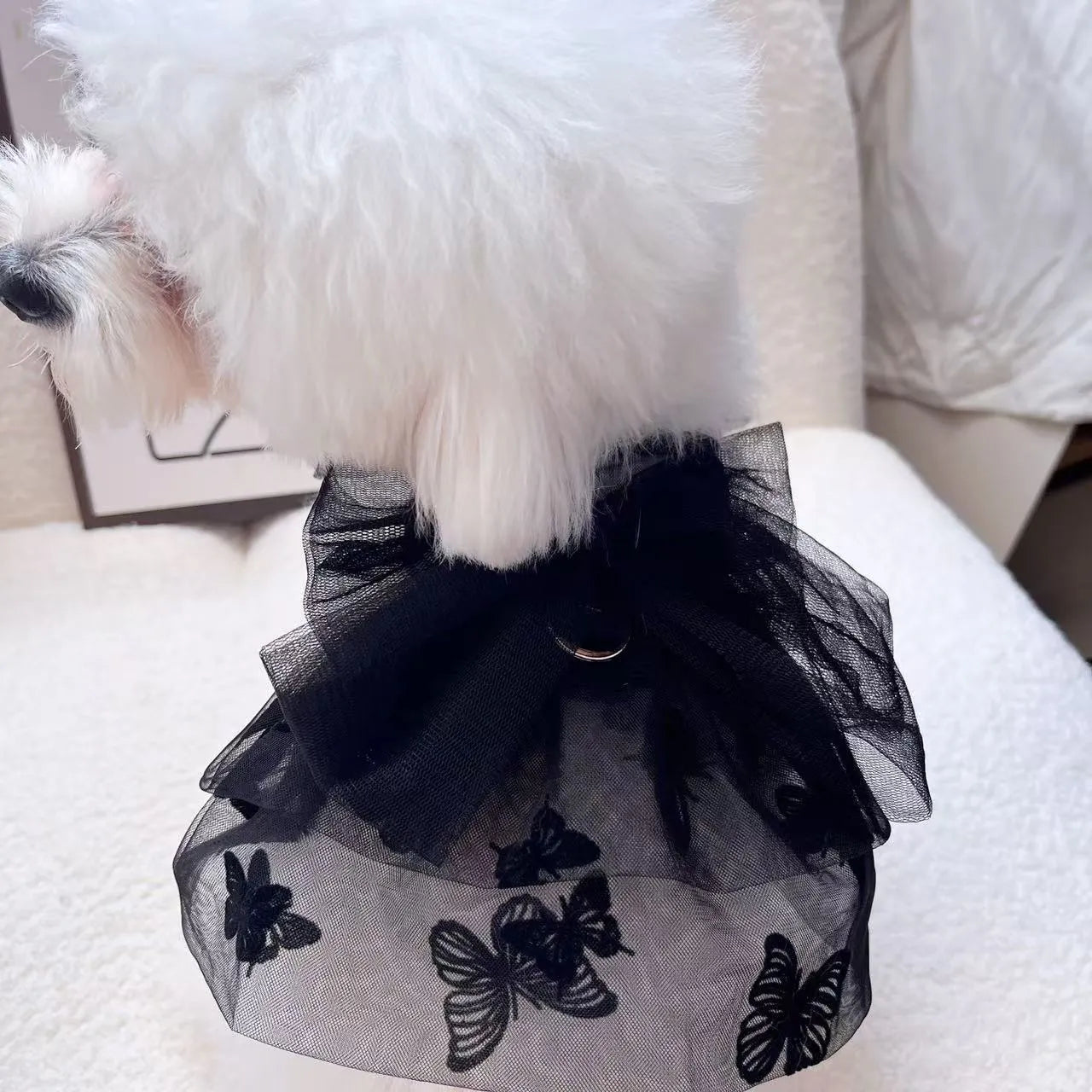 Black gauze princess tulle skirt costume on a small dog or cat.
