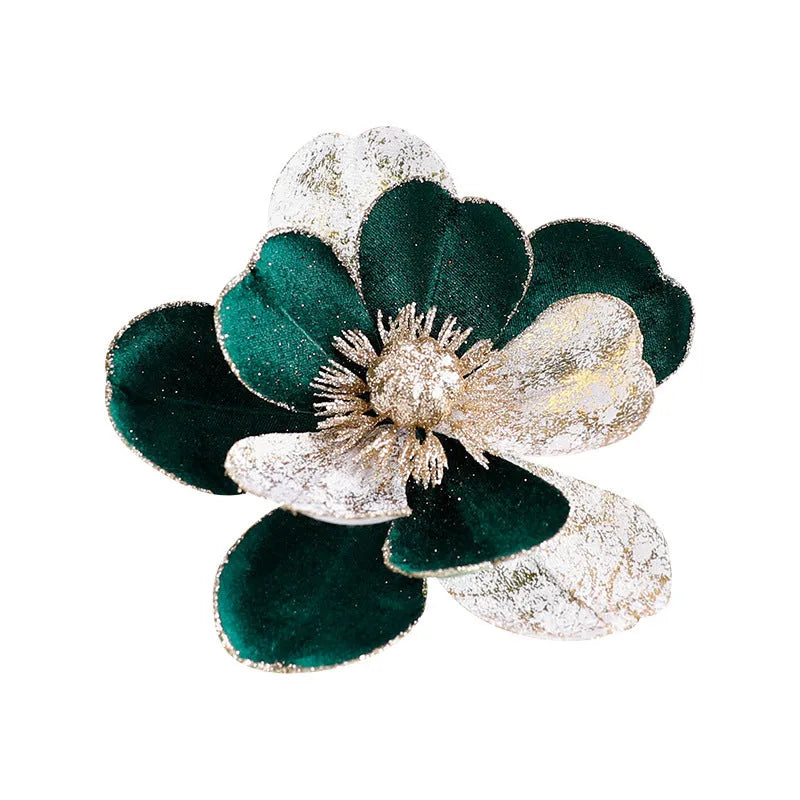Set of three 15cm flannel Christmas flower ornaments in champagne gold, wine red, and dark green