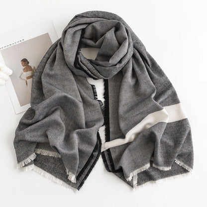 Herringbone pattern artificial cashmere scarf in various colours with tassel fringe