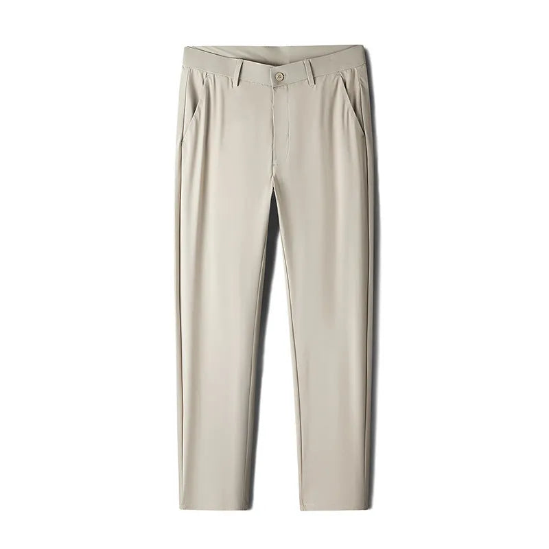 Pair of men's summer ice silk straight-leg suit trousers in solid colour on white background