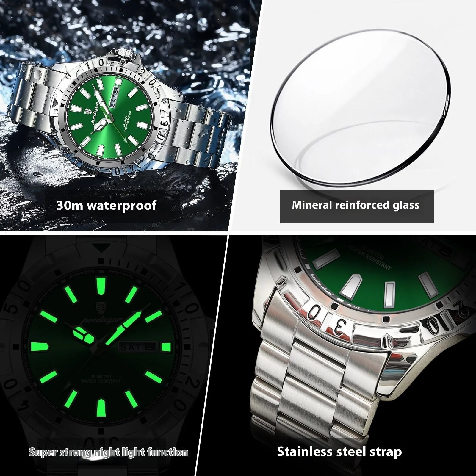 Swiss men's waterproof luminous watch with 6mm slim profile and steel band
