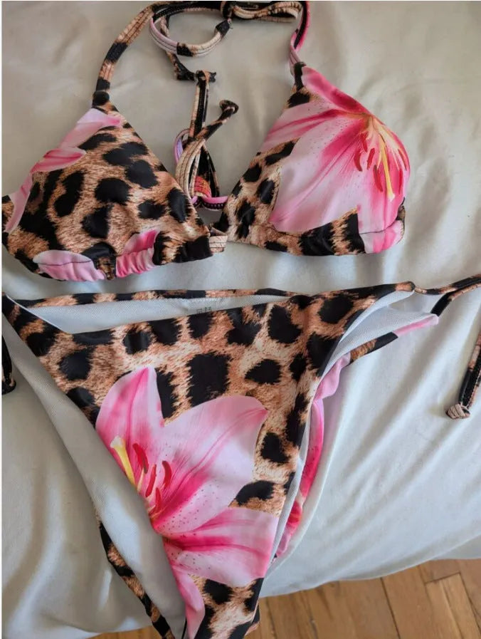 Leopard print lace-up sexy bikini swimsuit for women backless high elasticity swimwear black colour