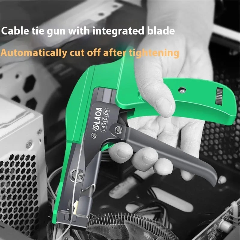 6-inch cable tie gun in green and black with 3-speed tension adjustable mechanism for plastic ties up to 4.8mm