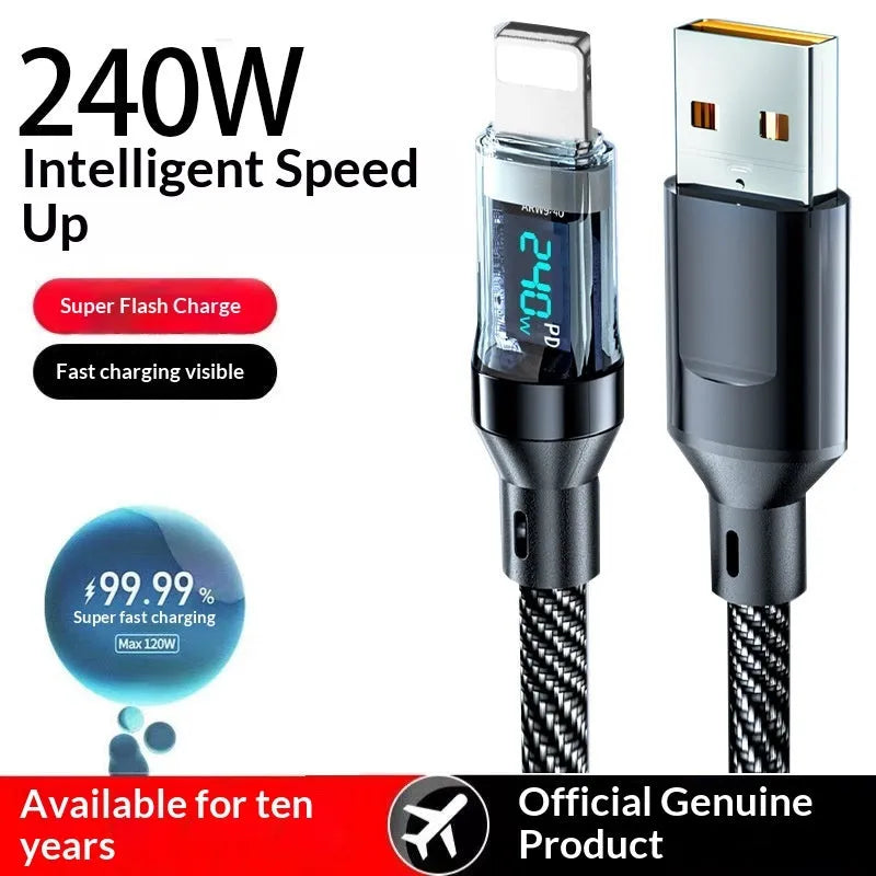 Smart digital display Type-C cable 240W braided nylon black for fast charging