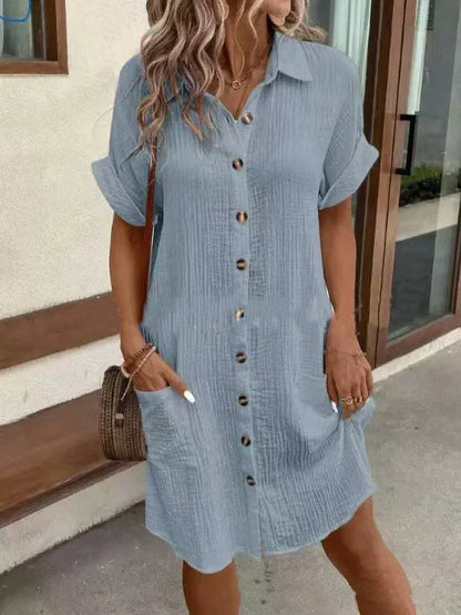 Summer short sleeve shirt dress in various colours, showcasing loose fit and mid-length design