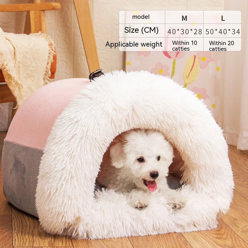 Cozy Canine Retreat: Portable plush pet bed with semi-enclosed design, perfect for dogs and cats during autumn and winter seasons