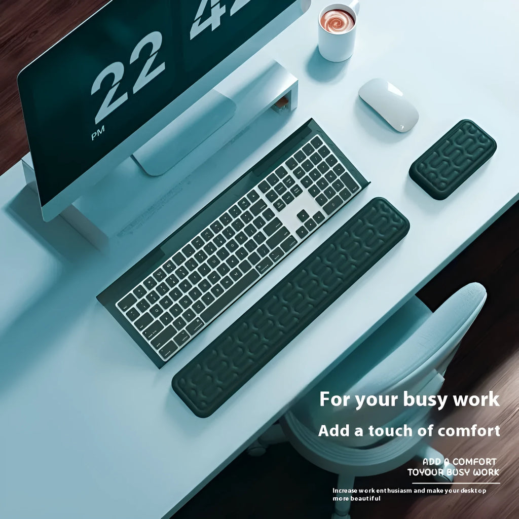 Double sided keyboard and mouse pad with memory foam wrist support on anti-slip resin base