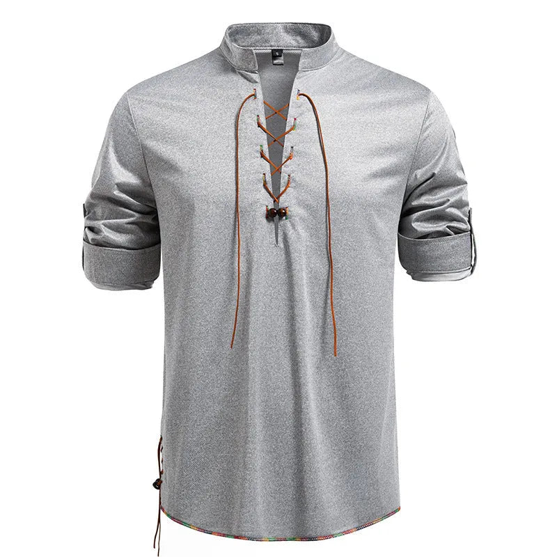 Men's drawstring stand-up collar long sleeve T-shirt in black, slim fit pullover style