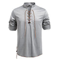 Men's drawstring stand-up collar long sleeve T-shirt in black, slim fit pullover style