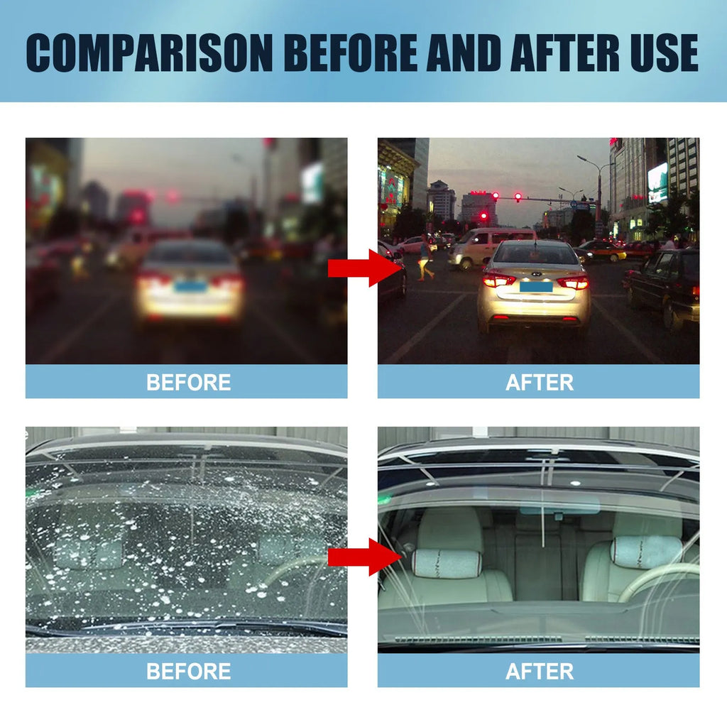 Blue car glass oil film remover with separate sponge applicator for windscreen cleaning.