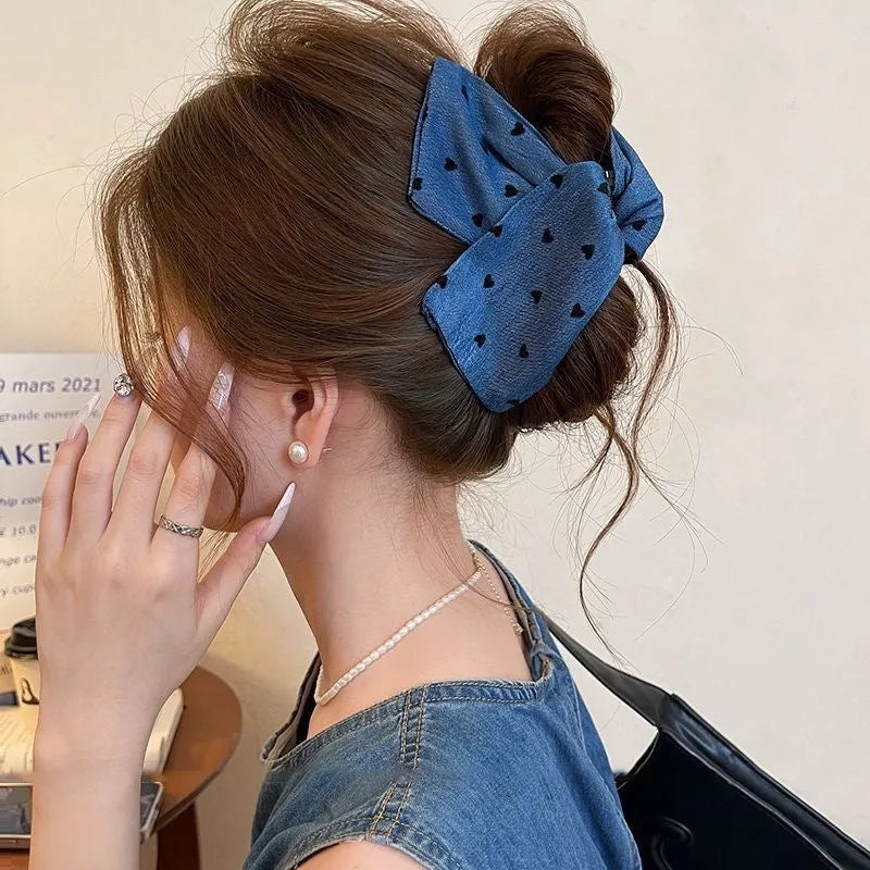 Handmade denim fabric bow hair clip with acrylic triangle decoration and plastic grip