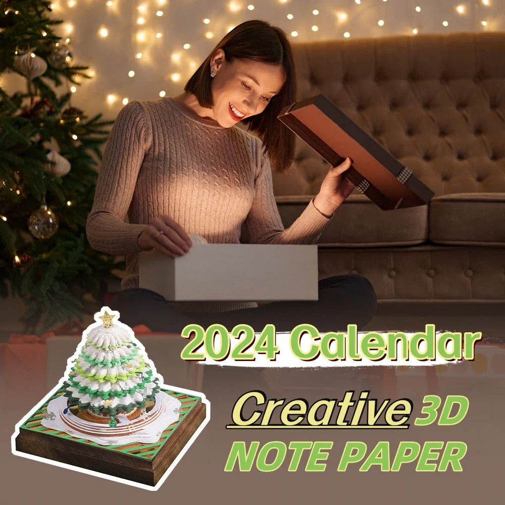3D dimensional Christmas tree paper carving calendar notepad with various styles, including castle, ferris wheel, piano designs, and panoramic Christmas tree house