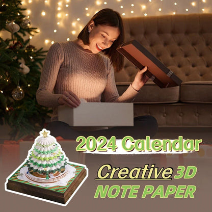 3D dimensional Christmas tree paper carving calendar notepad with various styles, including castle, ferris wheel, piano designs, and panoramic Christmas tree house