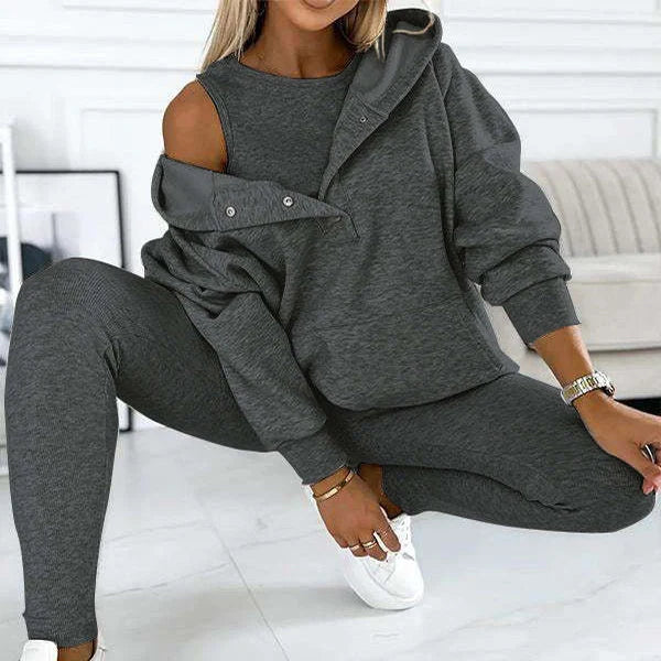 Women's 3-piece sports suit with hooded sweatshirt and slim trousers in various colours