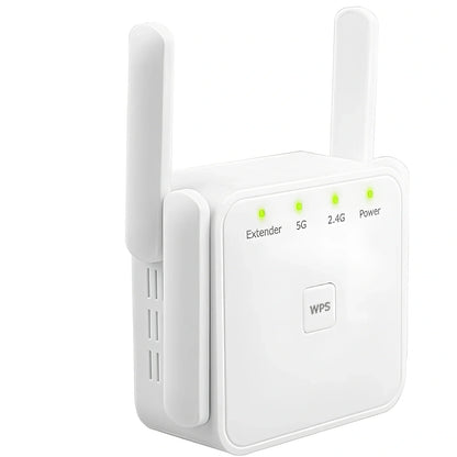 White WiFi signal amplifier repeater with Ethernet port, measuring 15cm x 10cm x 5cm