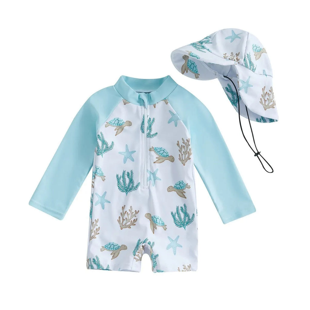 Children's one-piece long sleeve swimsuit with hat, polyester fibre, sizes 70-110, two colour options