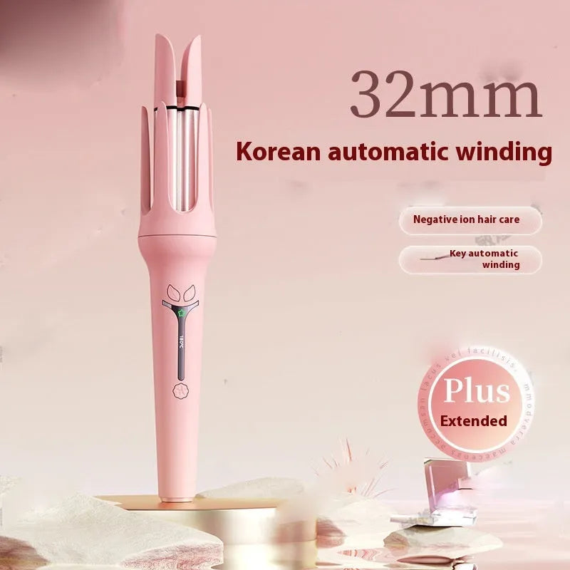 Light purple and pink 32mm automatic hair curler with anion technology and styling clips.