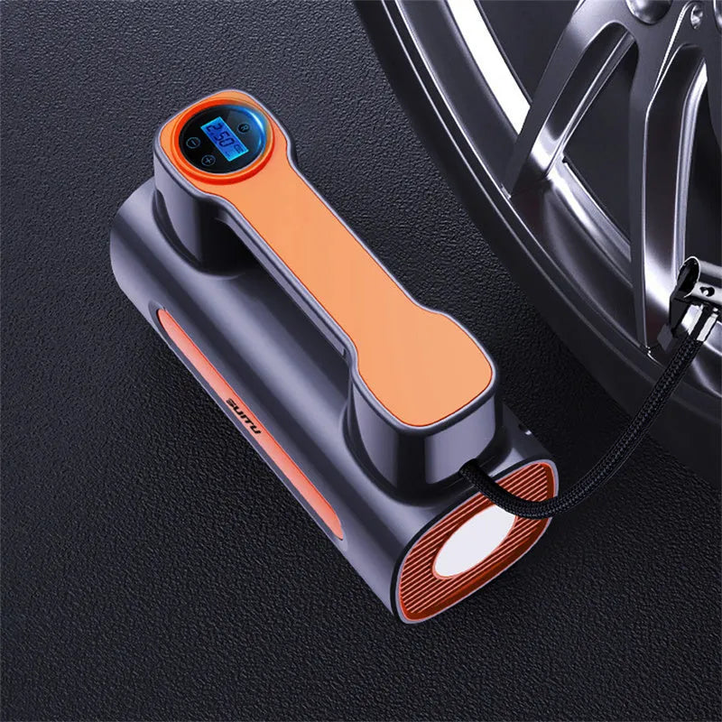 Portable 12V tyre inflator with digital display and rechargeable battery for car and bicycle tyres