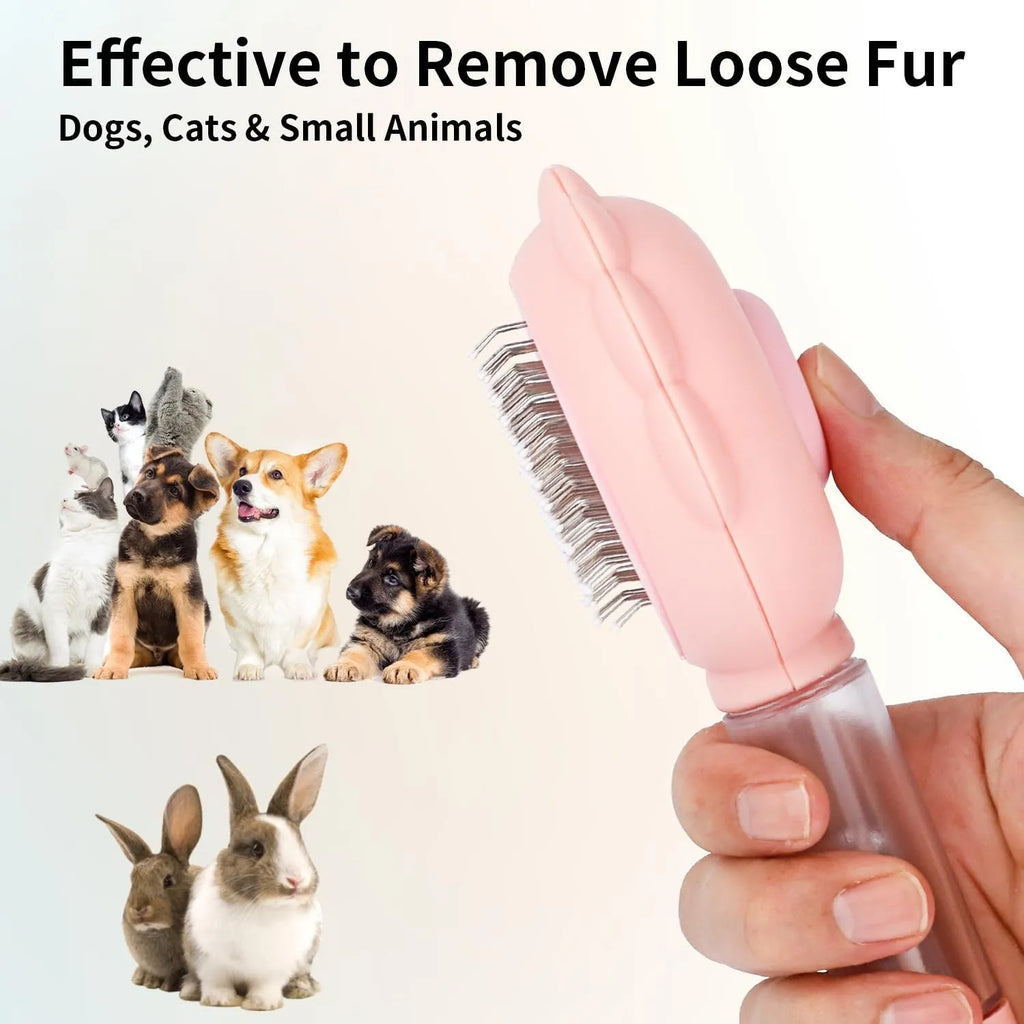 Grey spray cat brush with release button next to a cat, showing curved stainless steel bristles.