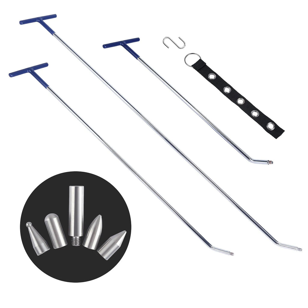 Three-piece alloy steel car dent repair tool set with a hook crowbar on a workshop bench.
