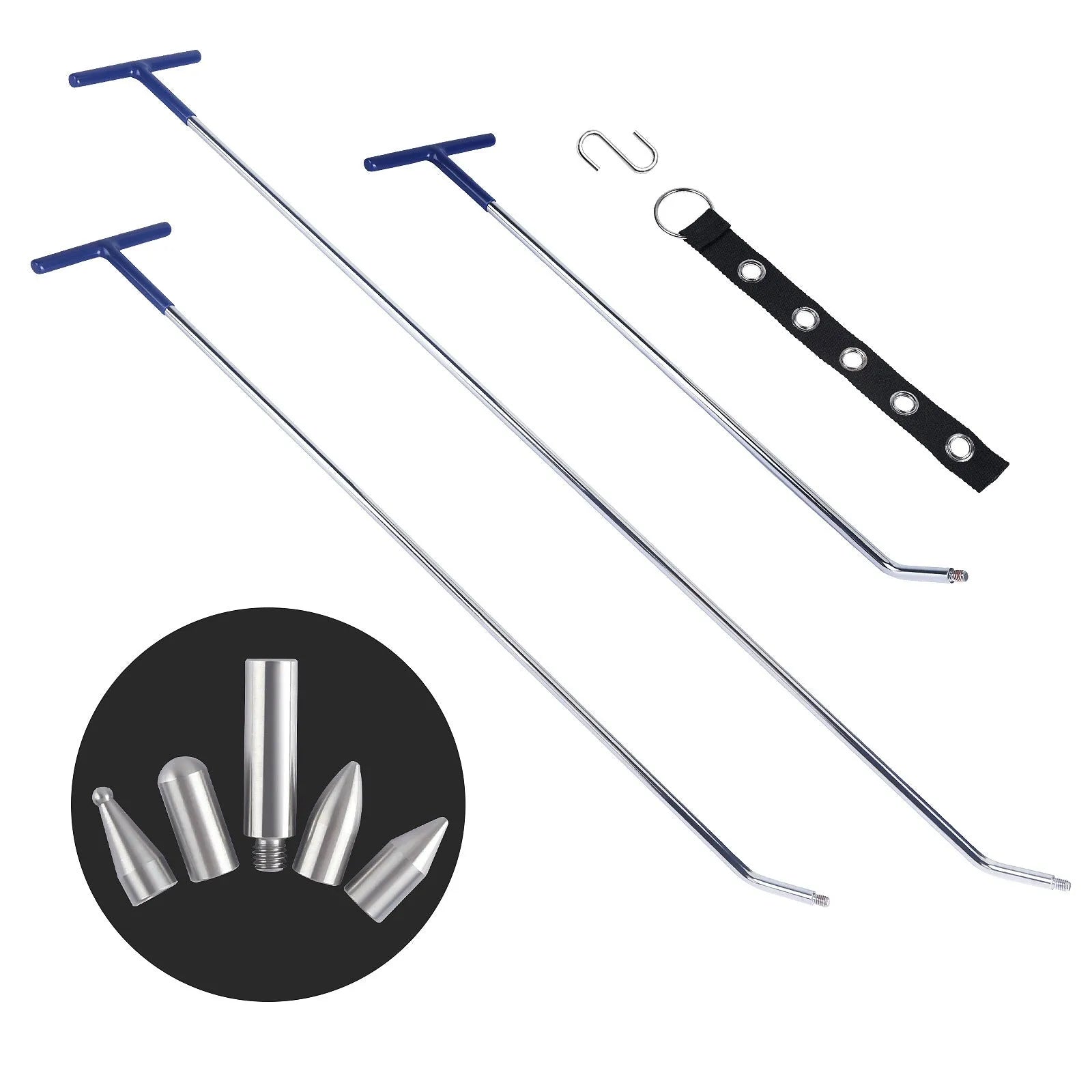 Three-piece alloy steel car dent repair tool set with a hook crowbar on a workshop bench.