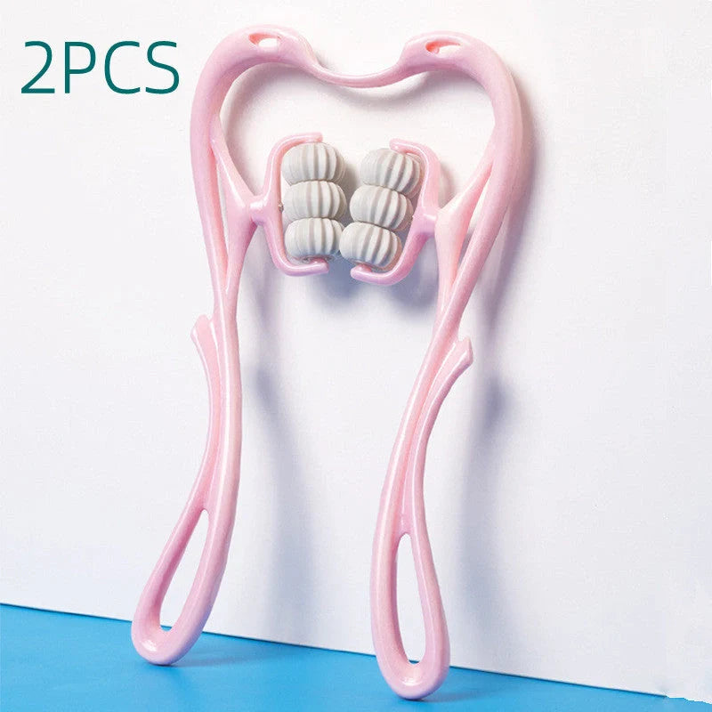 Six-wheel neck massager in blue and pink with 360° rolling balls for muscle relief