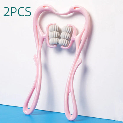 Six-wheel neck massager in blue and pink with 360° rolling balls for muscle relief