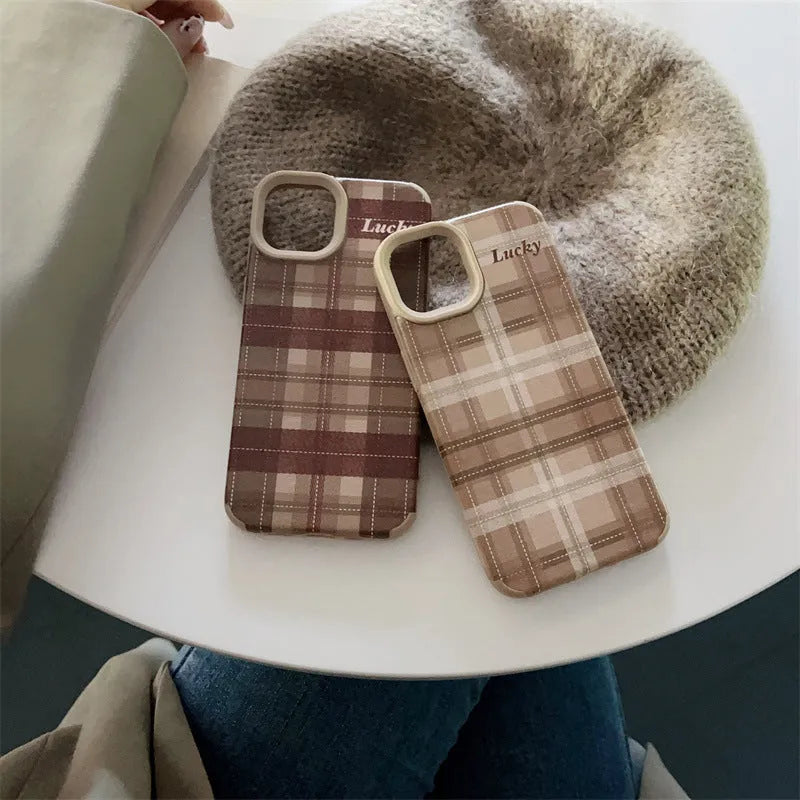 Lambskin plaid letters luck anti-fall silicone phone case for iPhone 13 Pro, light coffee colour, all-inclusive embossed design