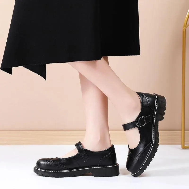 Solid colour PU shallow mouth buckle pumps for women with medium heel and thick sole, side view