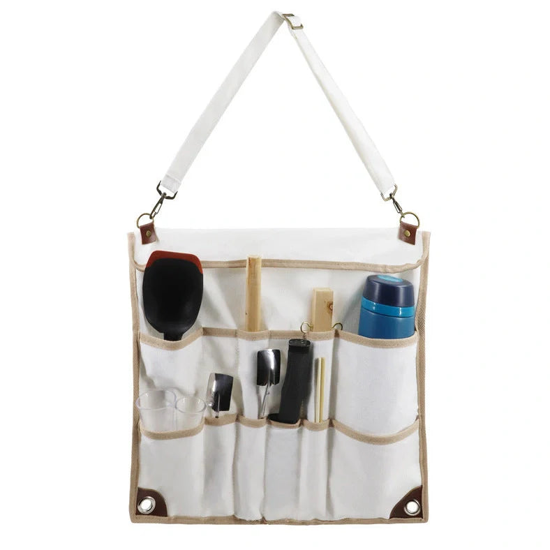Camping tableware storage bag with 44x38cm dimensions and hanging feature for outdoor utensil organisation