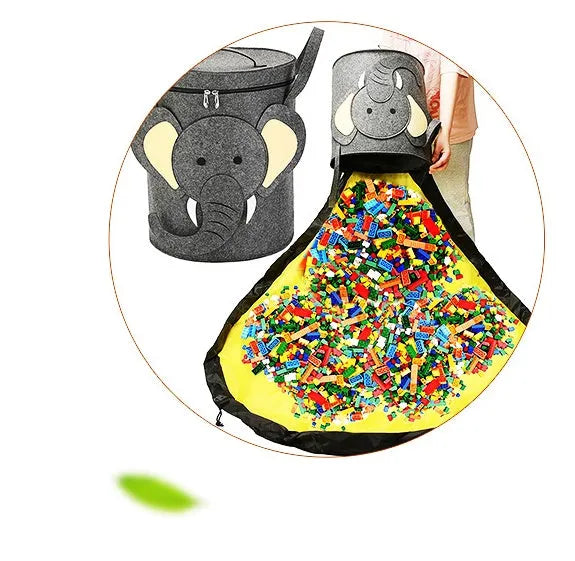 Green felt cube storage bag with pull rope, laid flat as a play mat and gathered into a bag.