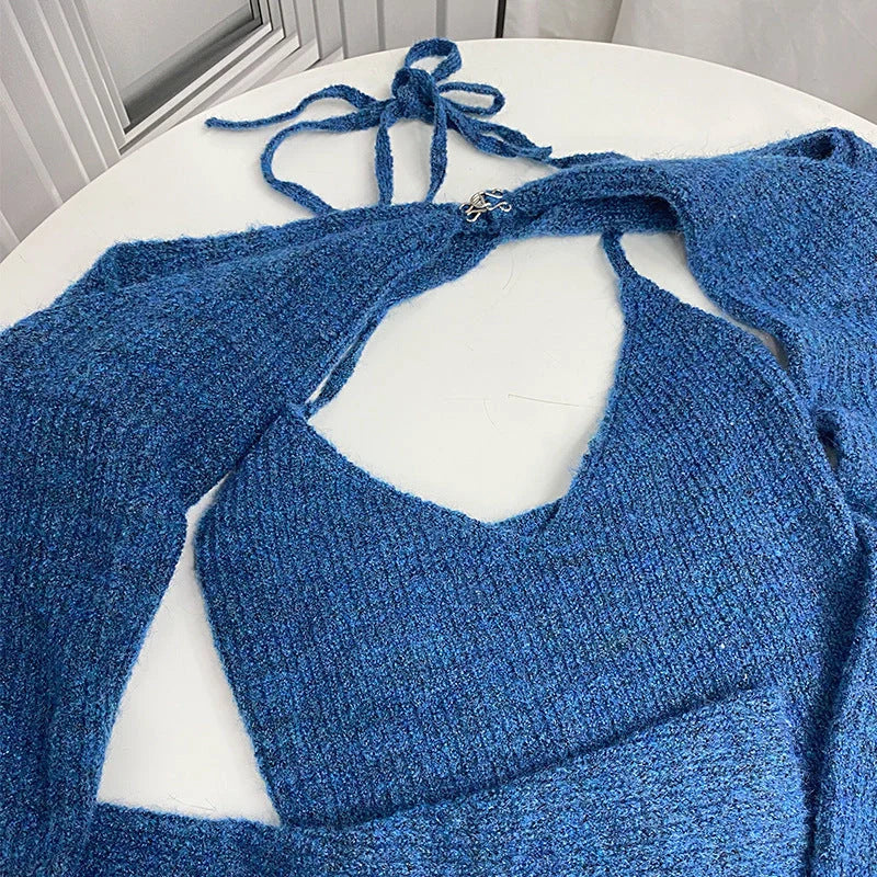 Off-shoulder knitted sweater for women in black, blue, and apricot