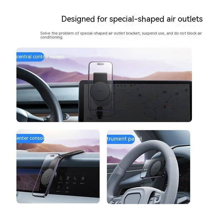 Magnetic adjustable car phone holder with wireless charging capabilities, designed for secure and convenient in-car use