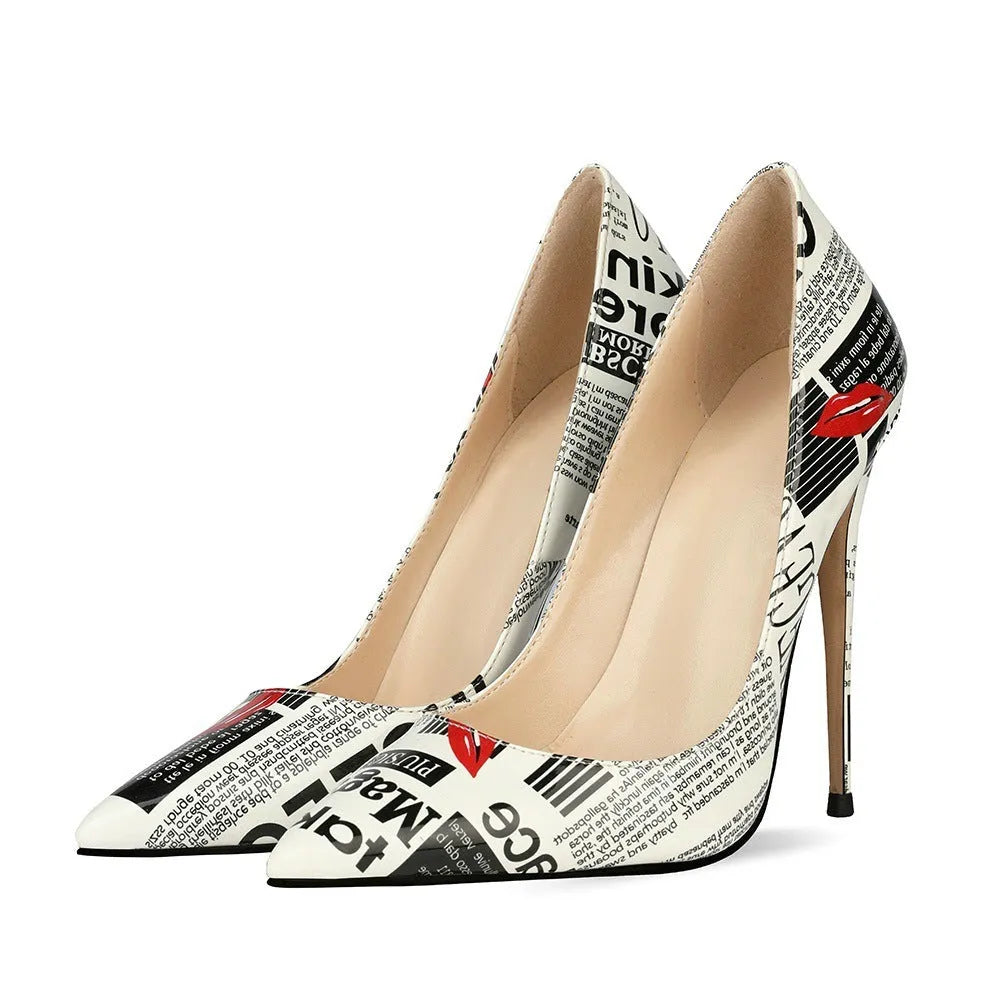 12cm graffiti fashion women's pointed toe stiletto heels with rhinestones on catwalk