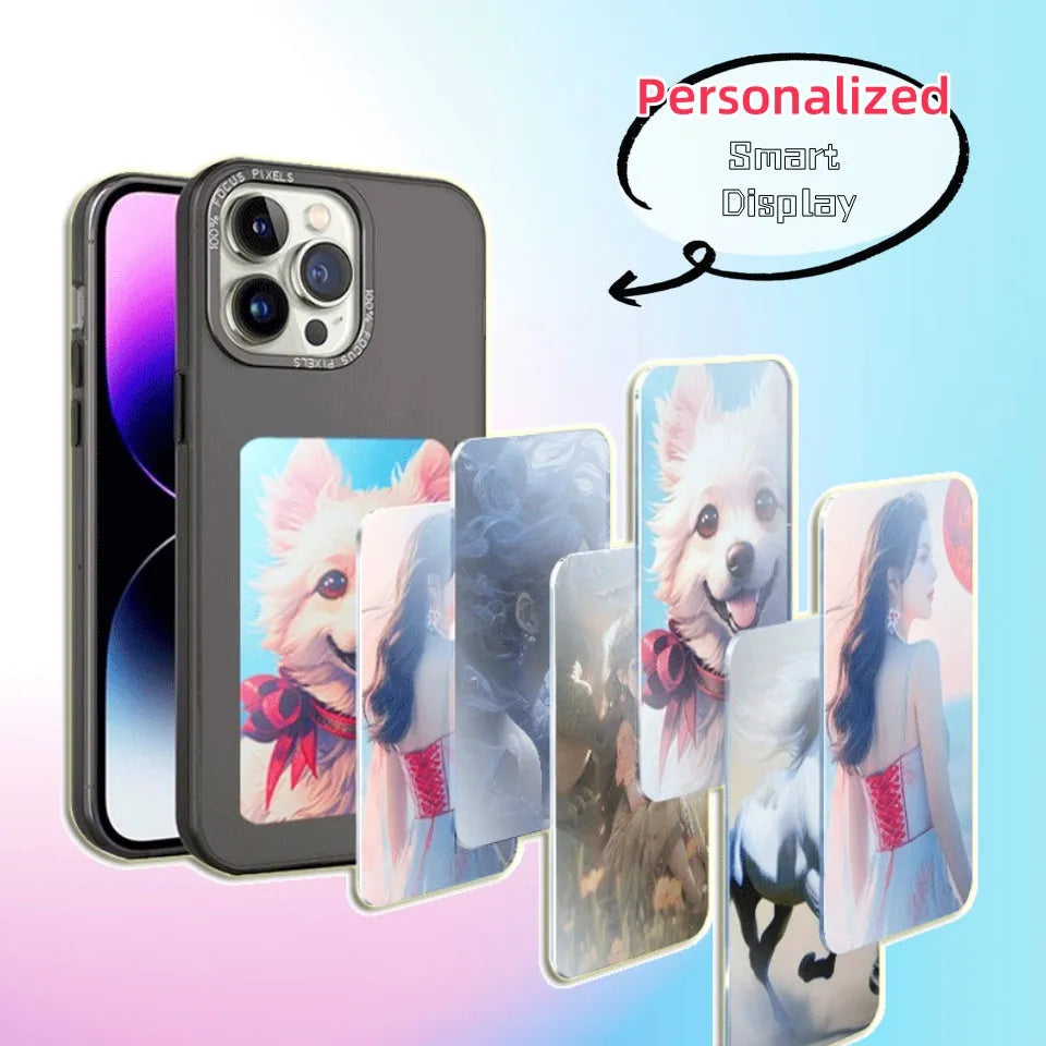 Black e-ink screen phone case with battery-free projection for Apple iPhone, TPU material, mirror finish