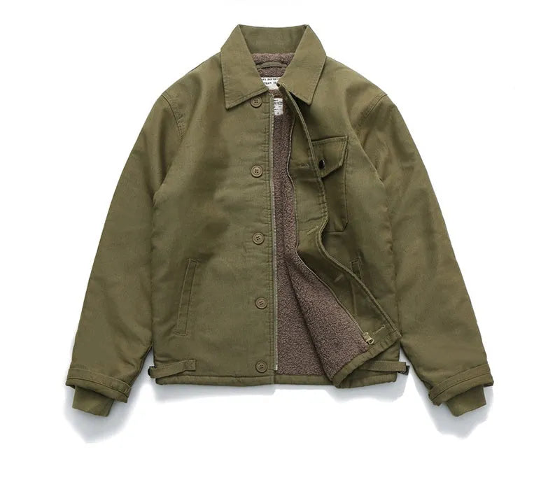 Men padded work jacket with thickened velvet lining and multi-pocket zipper in khaki colour