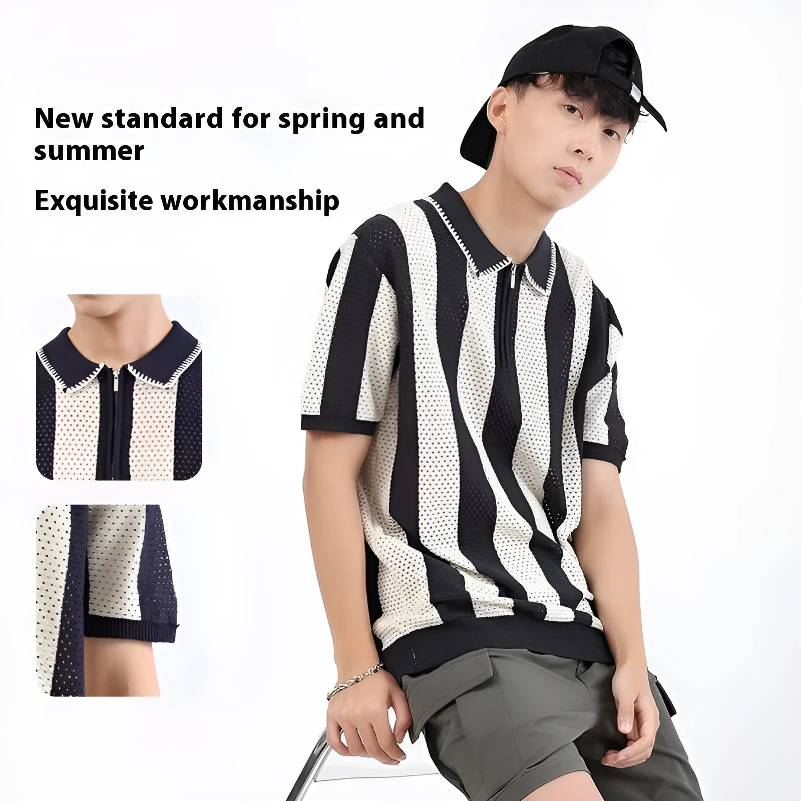 Man wearing a black and white striped short sleeve viscose sweater with a zip detail.