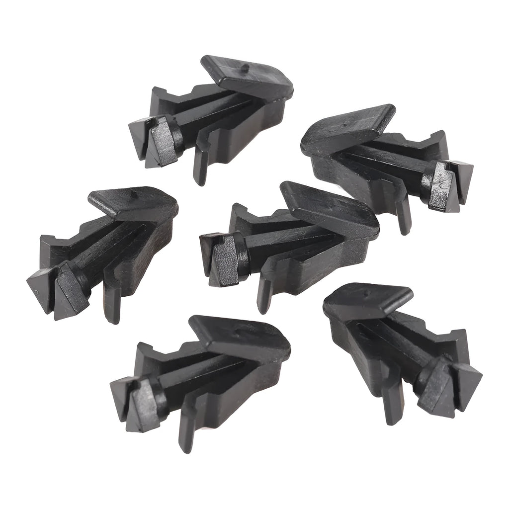 Black plastic bumper cover radiator grille fastening clip for Nissan vehicles, part number 76882-0M060