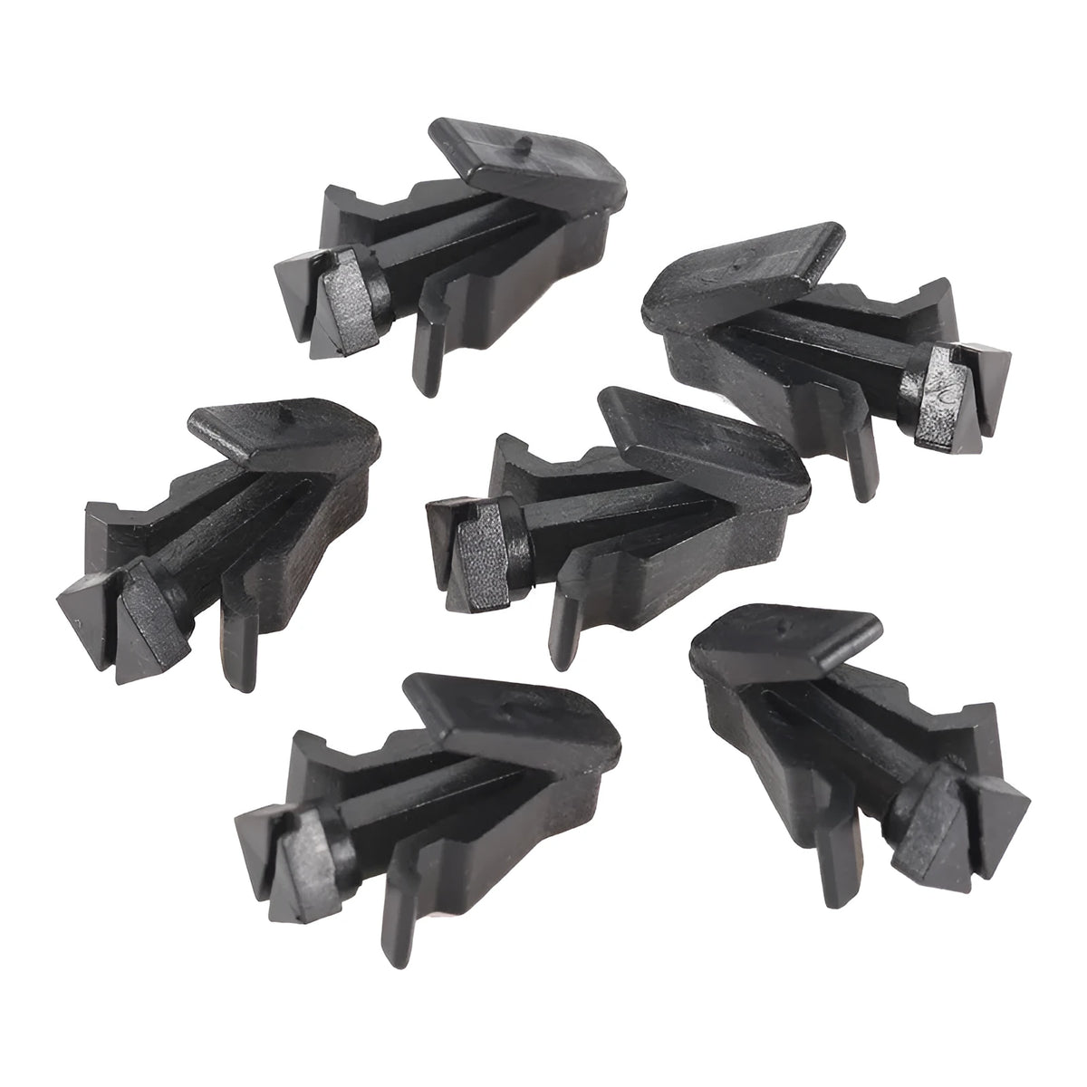 Black plastic bumper cover radiator grille fastening clip for Nissan vehicles, part number 76882-0M060