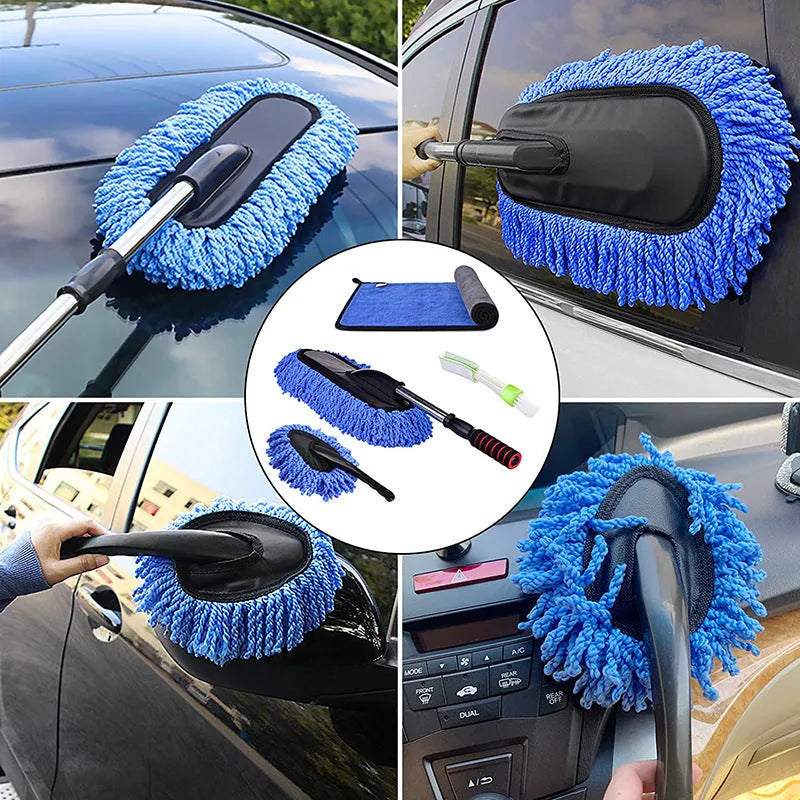 Car dust collector with retractable handle and five fibre brush heads on a car dashboard