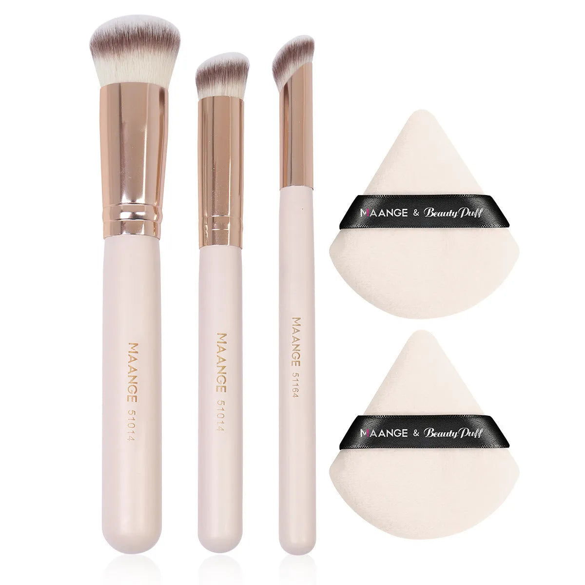 3-piece wooden handle makeup brush set with triangle powder puff in apricot and black colours