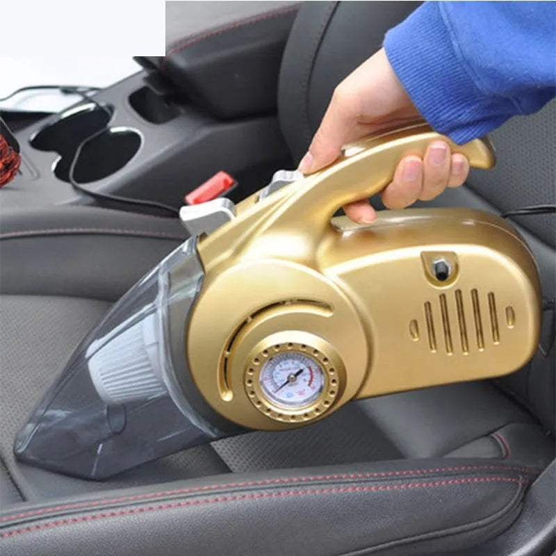 12V wet and dry four-in-one car cleaner with gold ABS body, 35cm length, handheld design