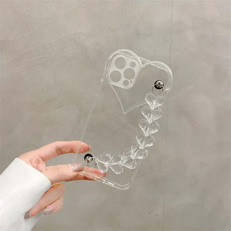 Transparent iPhone case with love bracelet chain design on clear TPU protective shell