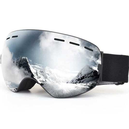 Double-layer TPU ski goggles with coated spherical mirror showing red film option and adjustable strap