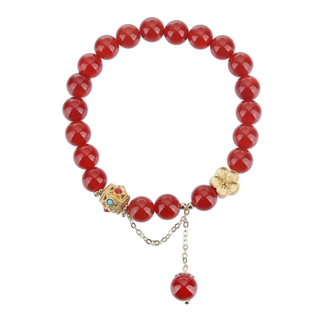 Women's natural agate bracelet with peach blossom copper components, handcrafted original design